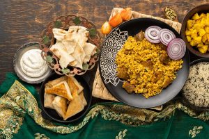 Indian meal with rice and sari